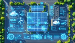 A creative illustration depicting gamers engaging with different virtual scenarios related to renewable energy, including solar panel configurations, virtual power plant management, and wind farm siting strategies.